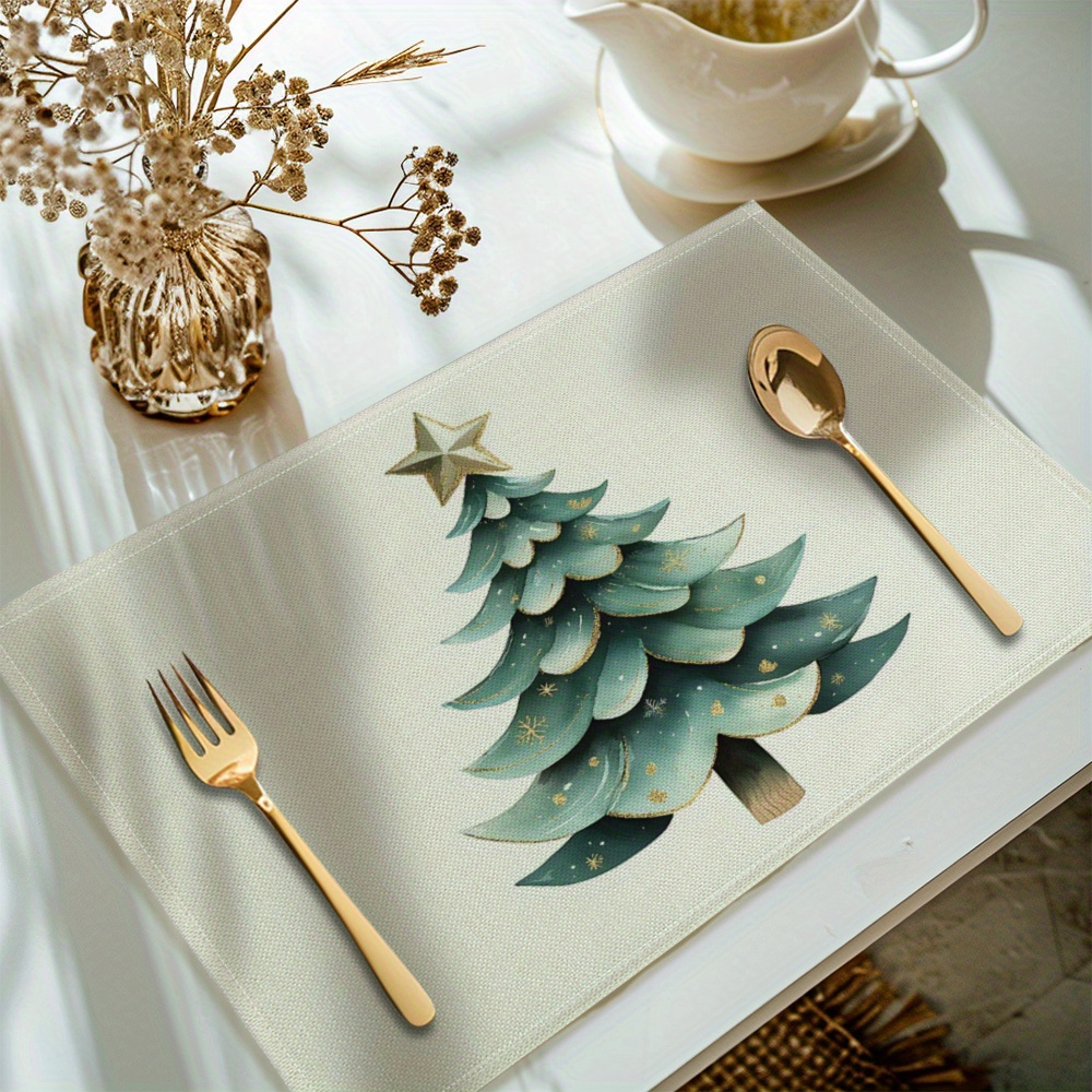 

4-piece Christmas Tree Printed Polyester Placemats Set - Machine Washable, Woven Rectangle Table Mats For Kitchen Dining Decor