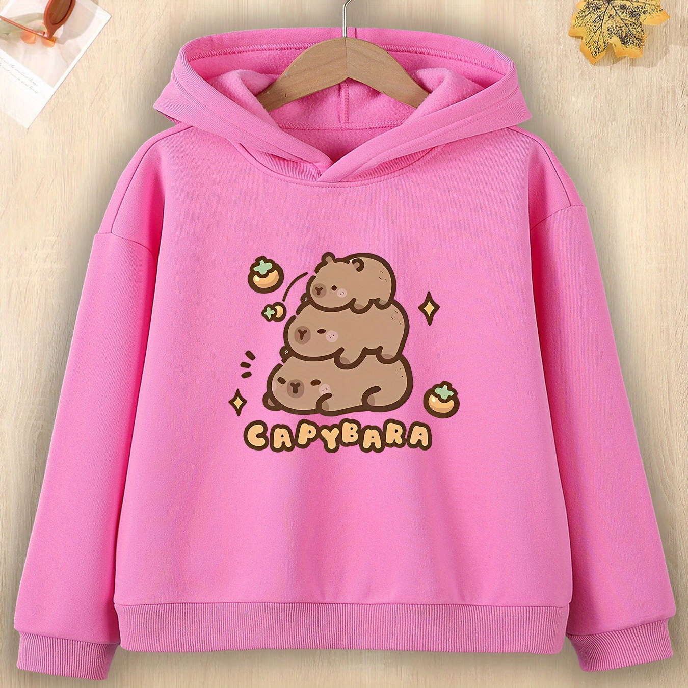 

Kids' Capybara Hoodie - 100% Polyester Knit Fabric, Regular Fit, Hooded Pullover With Stretch, For Girls, Fall/winter Collection