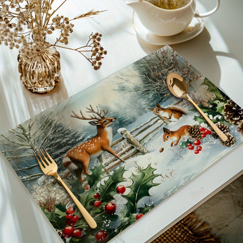 

Suige Home Christmas Deer Placemats - Set Of 4, Woven Polyester, Machine Washable, Water-resistant Rectangular Table Mats For Kitchen & Dining Decor