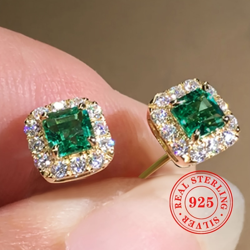 

1 Pair Of 925 Sterling Women's Fashionable Earrings, Square Green Artificial Gemstone , Chic Jewelry Set For Daily Casual Women