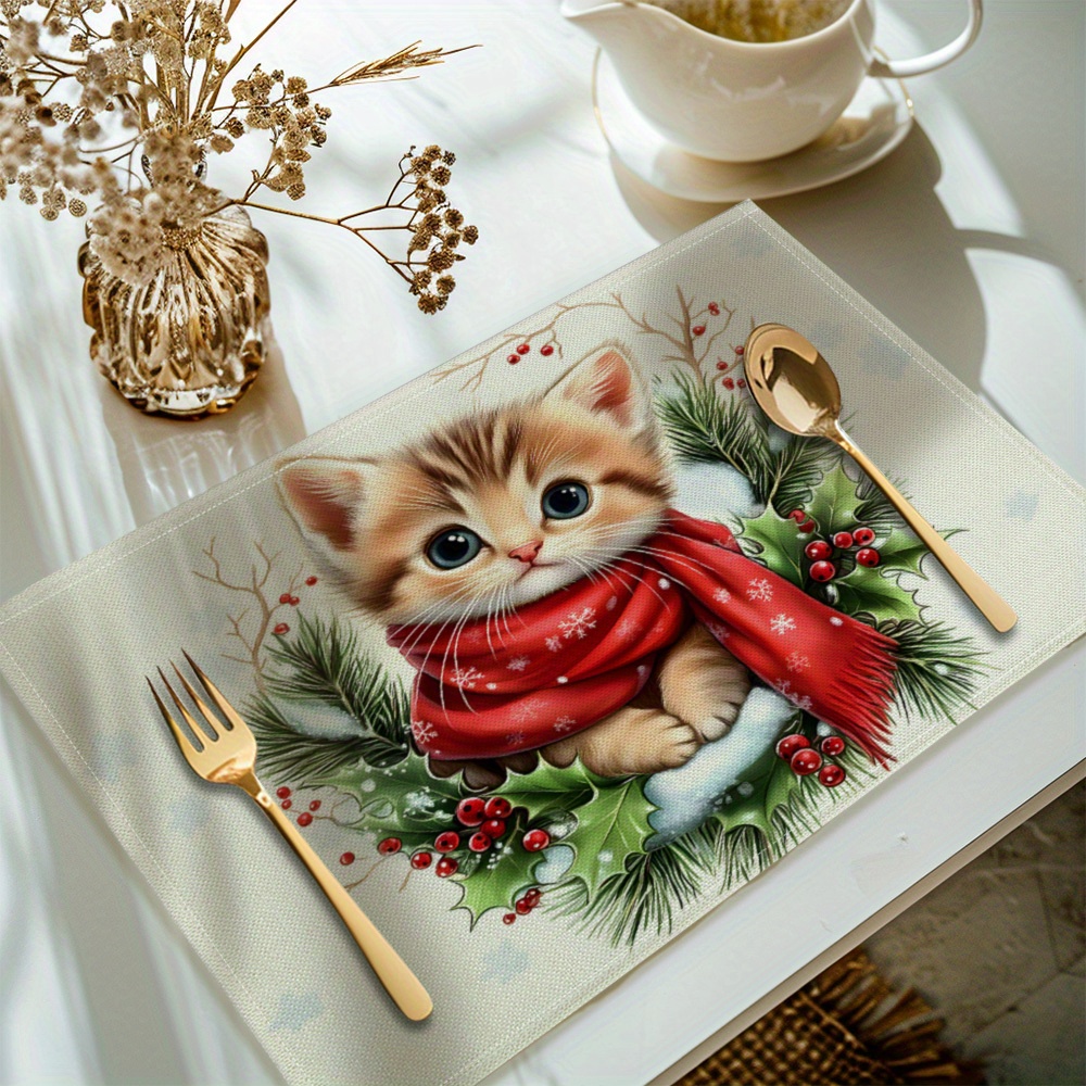 

4pcs Set Seasonal , Christmas Cat Placemats - Polyester Table For Dining Decor