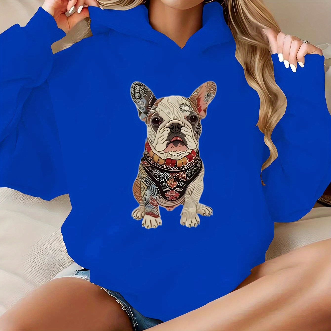 

Women' Hoodie, French Bulldog Print, Casual Knit Sweatshirt, Polyester, Pullover With Hood, Autumn/winter, Letter Pattern, No Detail, In Blue, Black, Orange