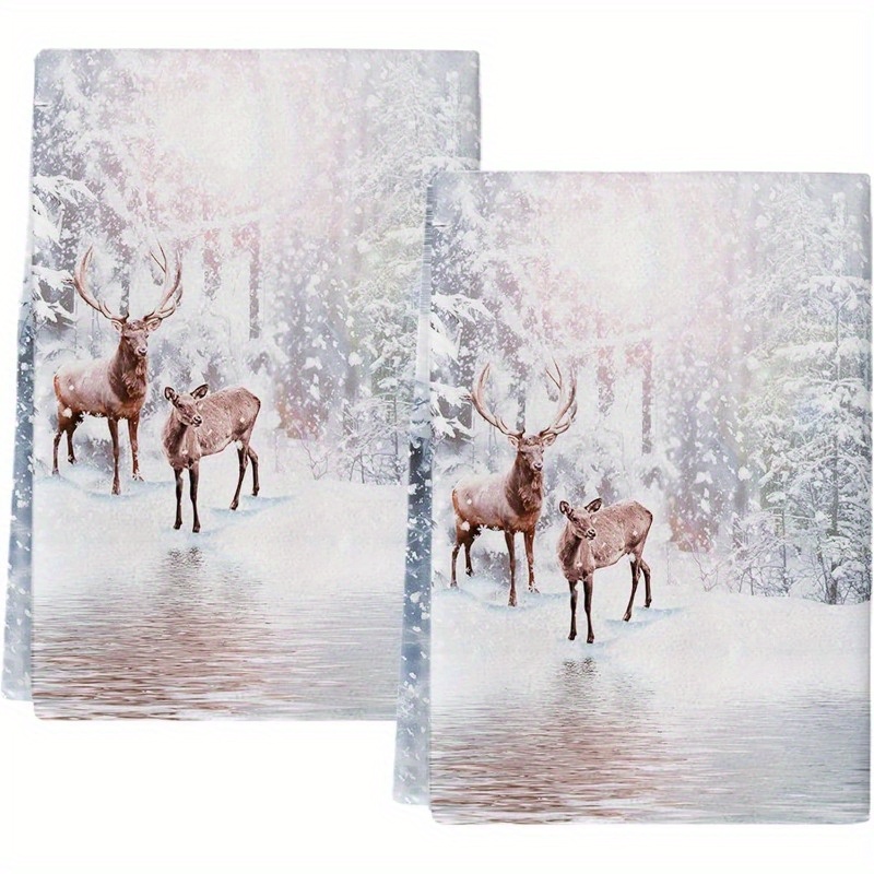 

Set Of 2 Merry Christmas Kitchen Towels With Winter Deer Scene, Contemporary Style Woven Polyester Dishcloths, Super -drying Hand Towels For Dish & Bar Use, 18x26 Inch