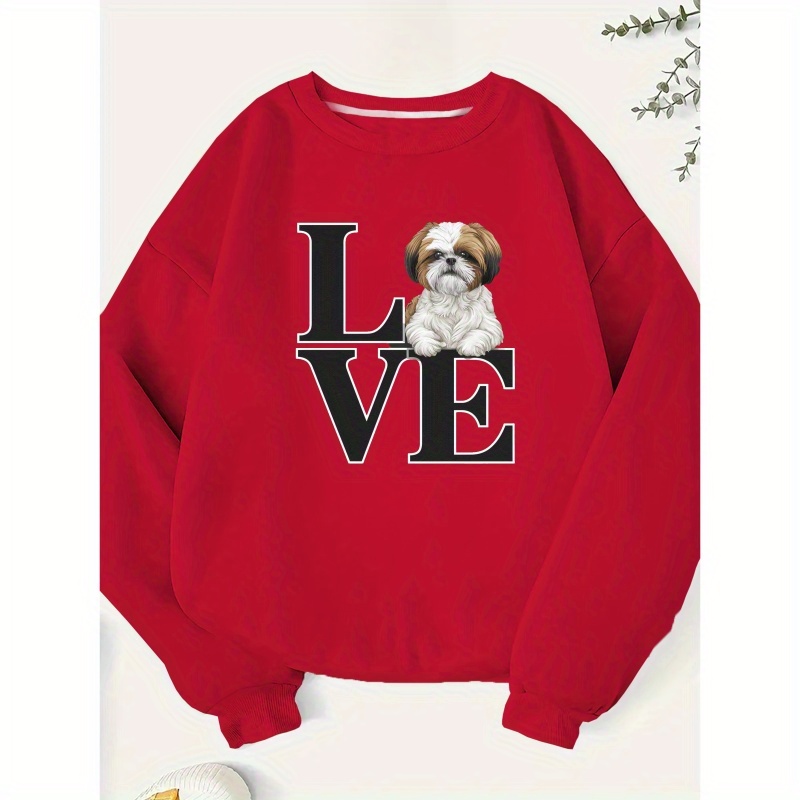 

Women's Love Shih Tzu Graphic Sweatshirt, Casual Crew Neck Pullover For Fall & Spring, Polyester Knit Fashion Hoodie