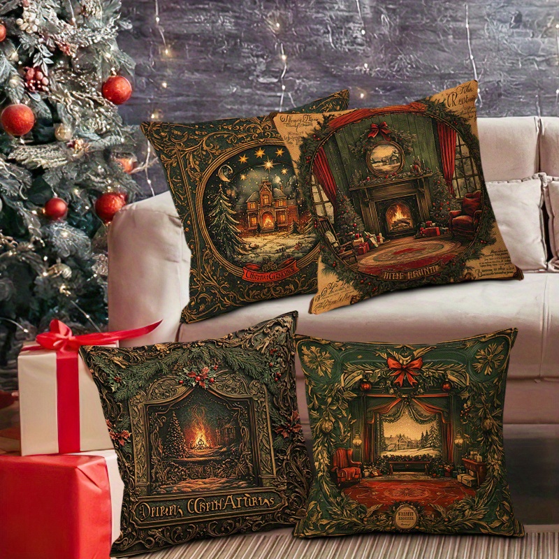 

4-pack Christmas Stove Pillowcases 18x18 Inch, Contemporary Style, Polyester, Zip Closure, Brown, Machine Washable, Anti-stain, Home Bedroom Decor