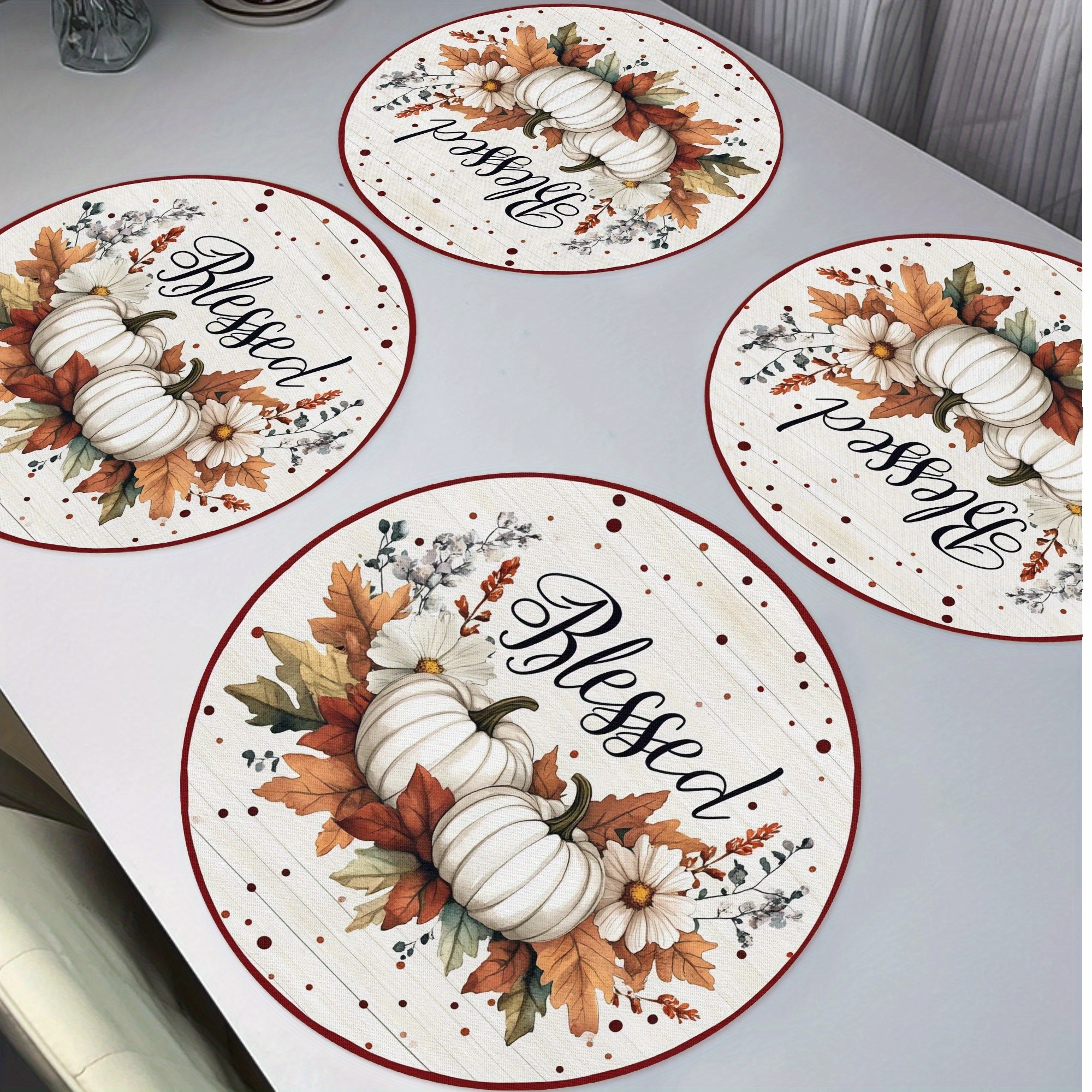 

4pcs Thanksgiving Blessed Placemats, Fallen Leaves Flowers Round Table Mats For Home Decor Non-slip Washable Placemats For Daily Banquet Party Dining Table Decoration 15