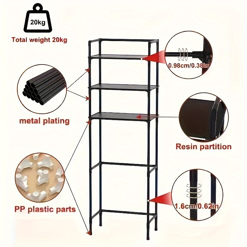 3-poziomowy stojak do przechowywania nad toaletą - oszczędzający miejsce, samodzielny organizer do niezbędnych rzeczy w łazience i pralek, trwały plastik z wieloma półkami do pralni domowej, przechowywanie prania | Nowy stojak do przechowywania | Wytrzymała konstrukcja z plastiku, organizery i przechowywanie w łazience, półki