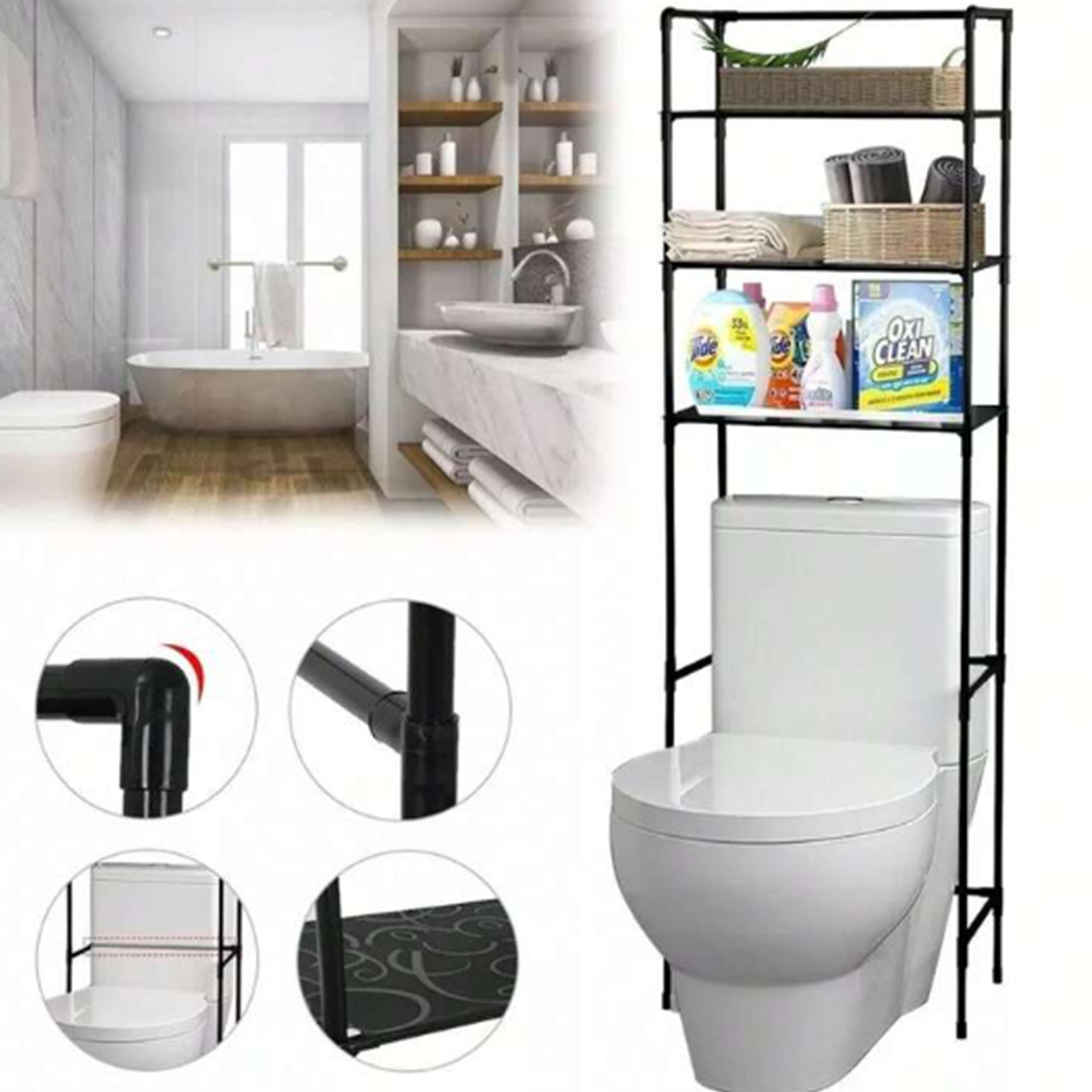 3-poziomowy stojak do przechowywania nad toaletą - oszczędzający miejsce, samodzielny organizer do niezbędnych rzeczy w łazience i pralek, trwały plastik z wieloma półkami do pralni domowej, przechowywanie prania | Nowy stojak do przechowywania | Wytrzymała konstrukcja z plastiku, organizery i przechowywanie w łazience, półki