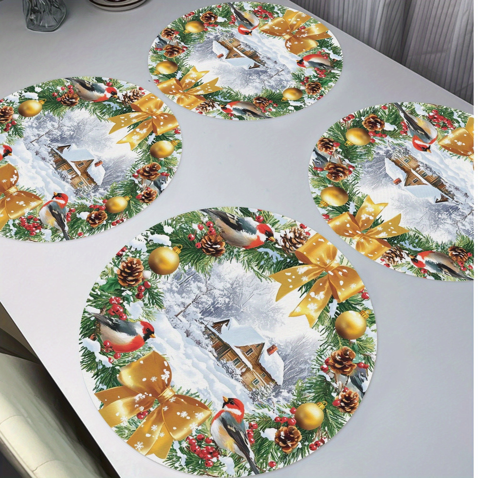 

4-pack Jit Pine Branch & Berries Placemats, 15" Round Polyester Table Mats With Birds & Village Christmas Ornaments, Non-slip Washable Kitchen & Dining Decor For Home, Banquet, Party