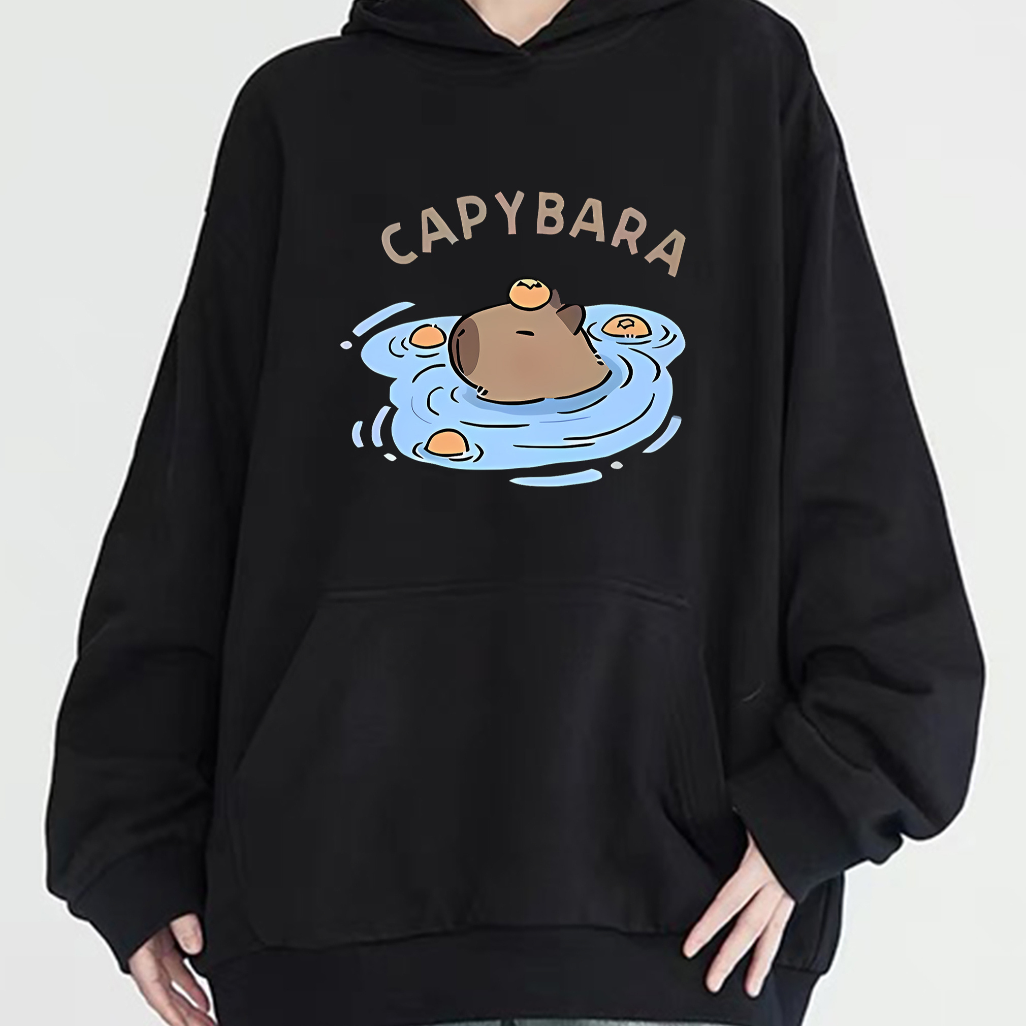 

Women's Casual Hoodie With Cute Capybara Print - Long Sleeve, Kangaroo Pocket, Cozy Knit Pullover For Fall & Winter