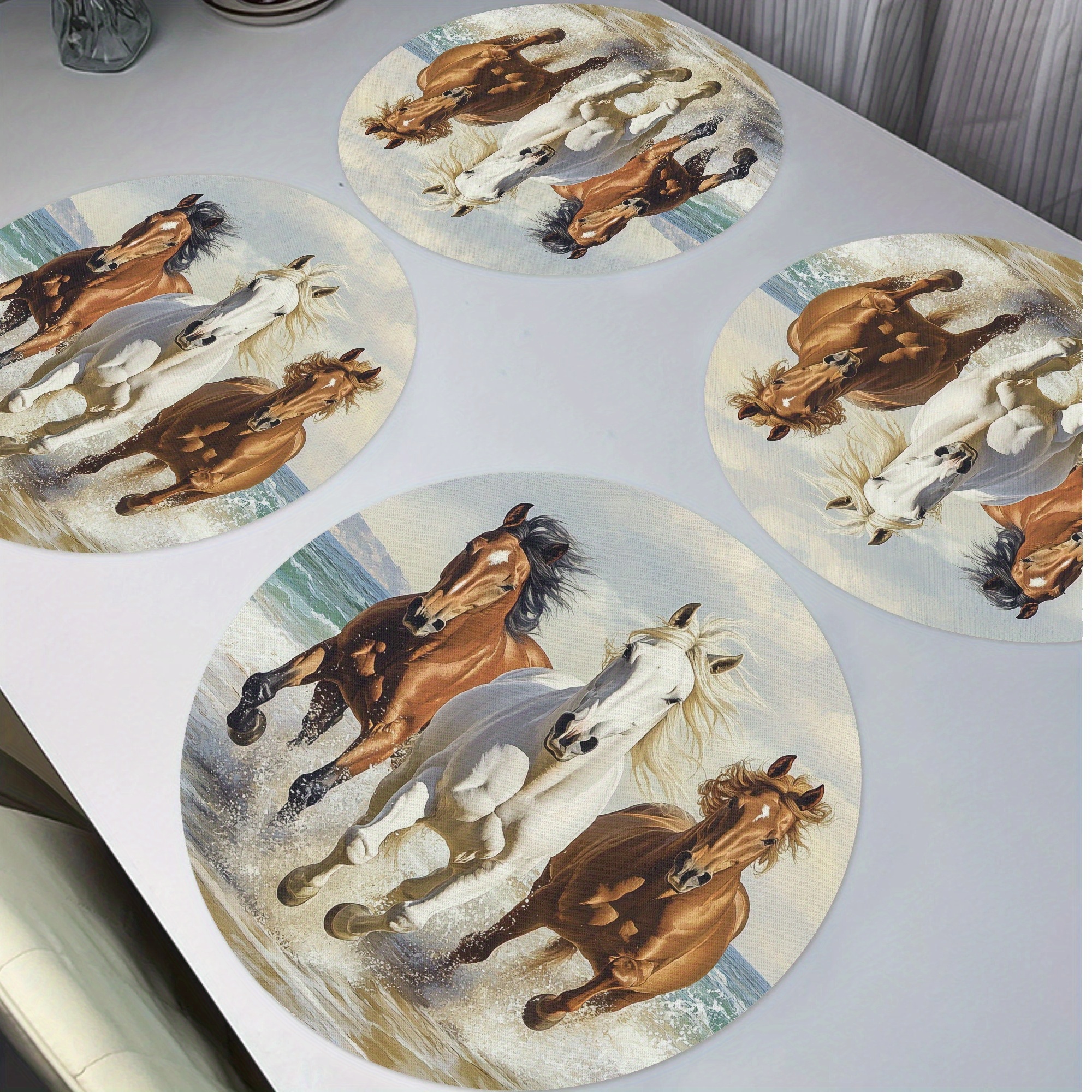 

4-pack Polyester Round Placemats With Wild Horses, Non-slip, Washable, Heat Resistant, For Dining Home Decor, High- & Restaurant Table Mats