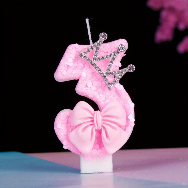 Image of Sparkling Pink Number Candle With Rhinestone Crown & Pink Bow - Glittery Birthday & Anniversary Party Decoration, Diy Festive Celebration Candle For Girls, Birthday Candles