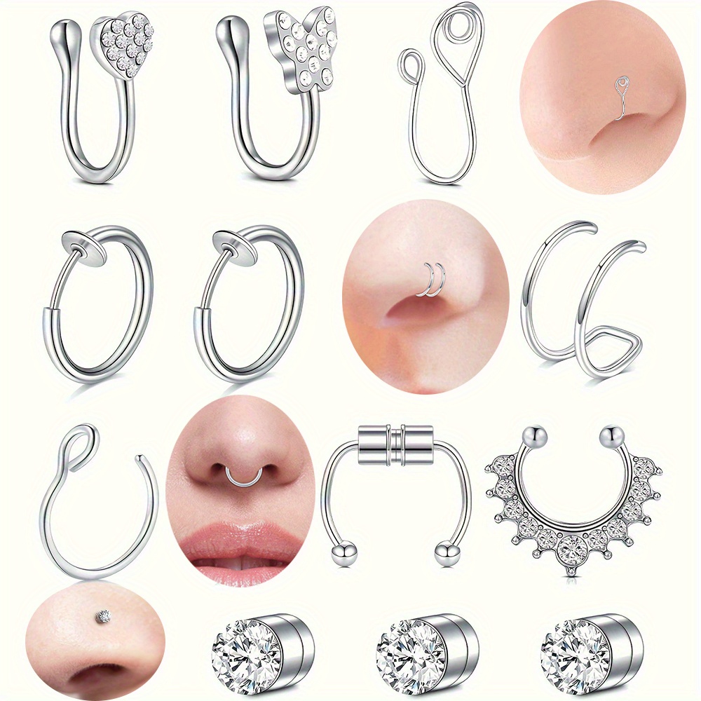 

16pcs Fake Nose Septum Nose Ring 20g Fake Piercing Nose Ring Clip Nose Ring Non-piercing Fake Nose Septum Lip Earrings Fake Piercing Body Ornament Men And Women Models