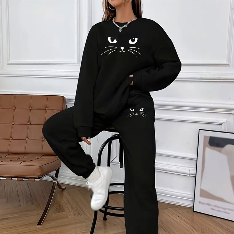 

Women's Casual Geometric Cat Print Sweatshirt & Joggers Set - Long Sleeve, Crew Neck, Polyester , Fall/winter