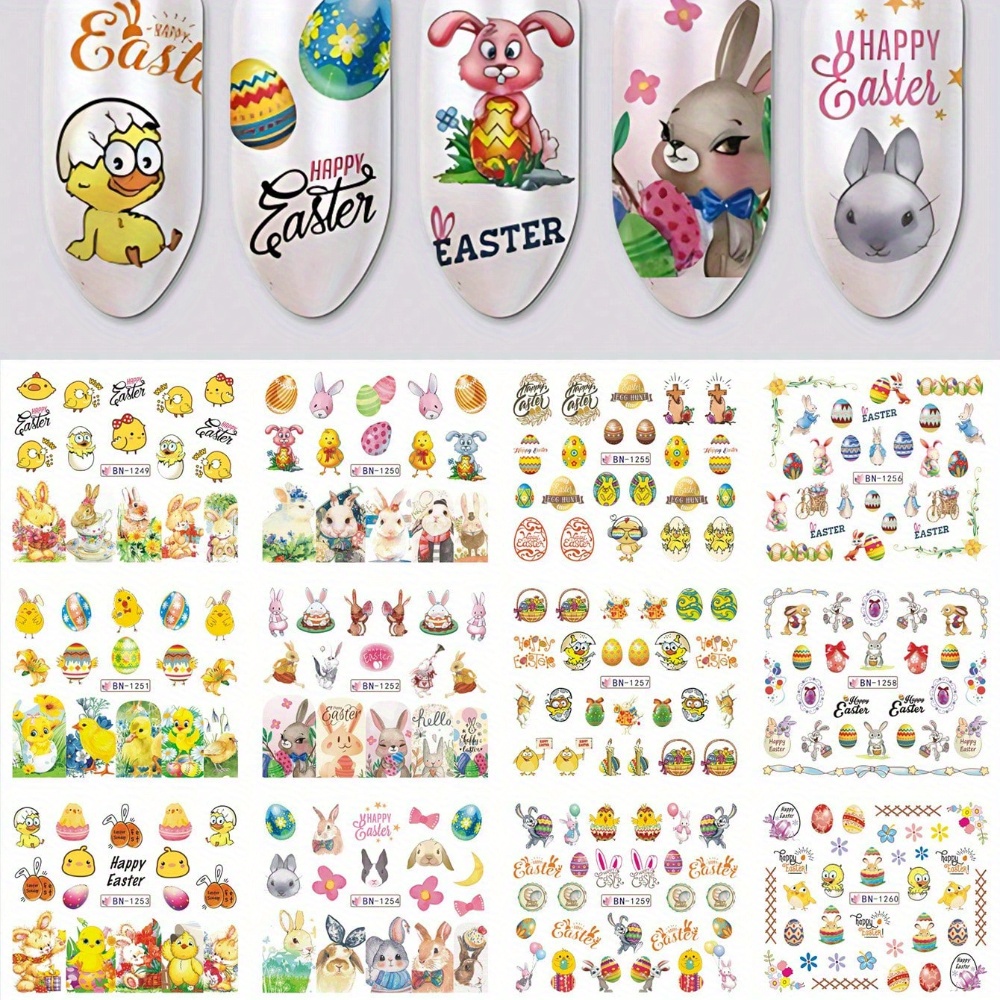 Image of 12 Styles Cartoon Animal Nail Art Decals, Pre- Plastic Nail Embellishments With Glitter, Glossy Finish, Irregular Shape, Single Use, Unscented - Cute Rabbit, Egg, Flower Designs For Diy Manicure