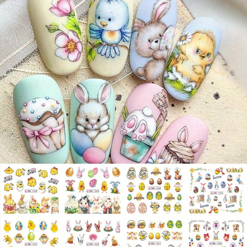 

12 Styles Cartoon Animal Nail Art Decals, Pre- Plastic Nail Embellishments With Glitter, , Irregular Shape, Single Use, Unscented - , Egg, Flower Designs For Diy Manicure