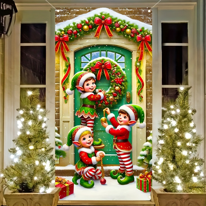 

Christmas Elf Door Banner Set - Polyester, Includes Wreath & Gift Designs, Vibrant Seasonal Decor For Home Entrance, No Power Needed, Holiday Hanging Decoration