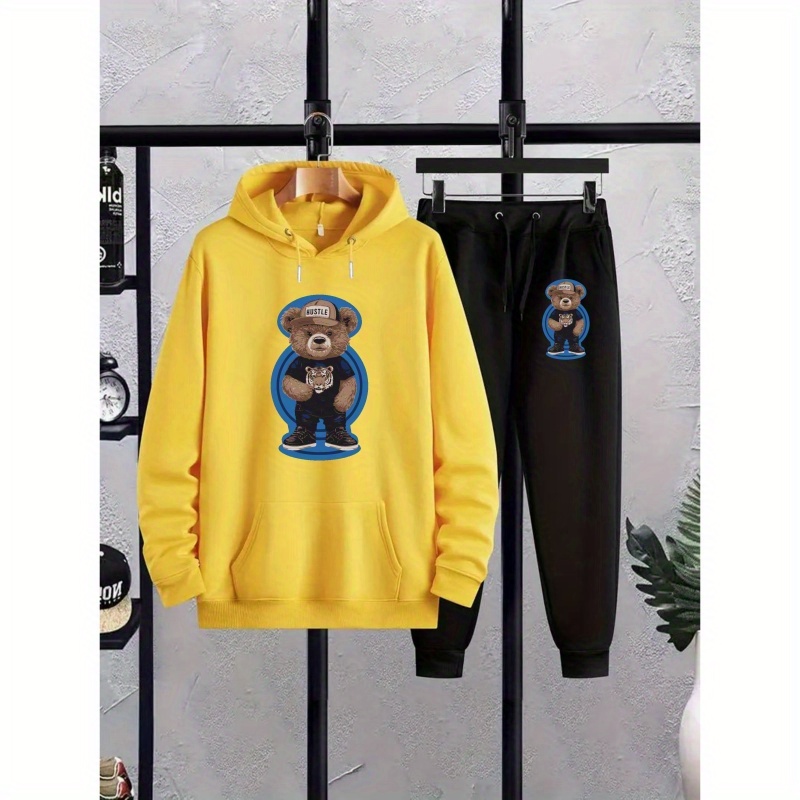 

Men's Plus Size Bear Graphic Hoodie & Sweatpants Set - Casual Drawstring, Polyester , Machine Washable, Plus Size