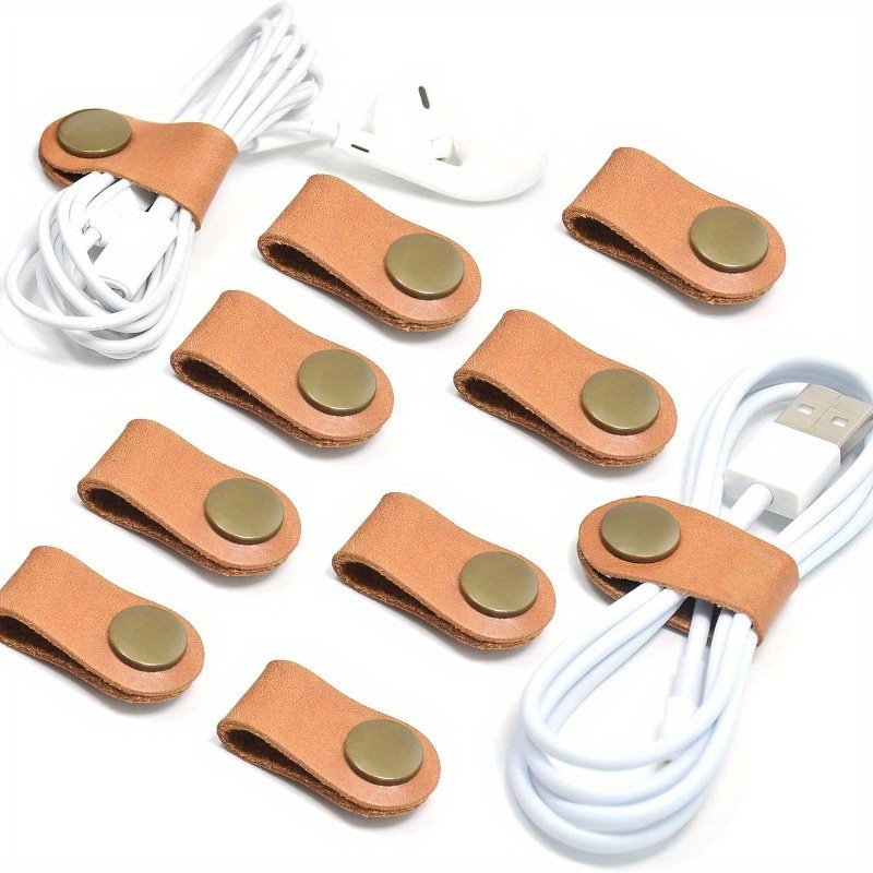 

10-pack Cowhide Genuine Leather Cable Organizers - Cord Management Wraps With Snap Closure For Earphones, Usb Cables, Charger Wires - Electronics Accessories Earbud Keepers - No Battery Required