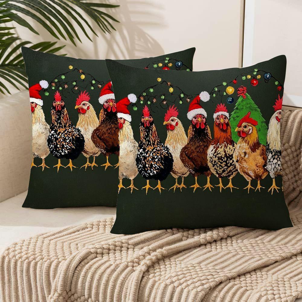 

Christmas Chicken Throw Pillow Covers - Farmhouse Decor, Funny Lights, Pillow Covers For Couch, Christmas Decorations For Living Room Bedroom Home