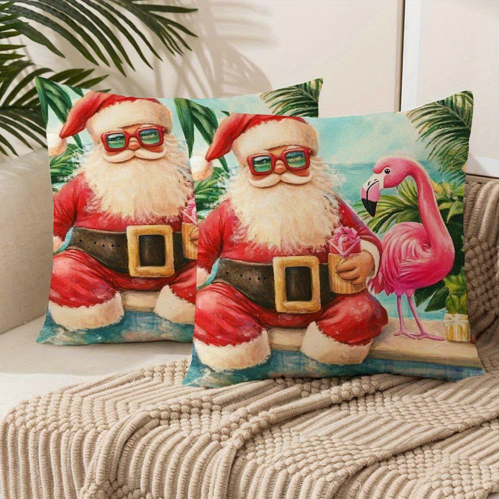 

Set Of 2 Christmas Throw Pillow Covers - Tropical Beach & Santa Design, Modern Polyester With Zipper Closure For Home And Office Decor