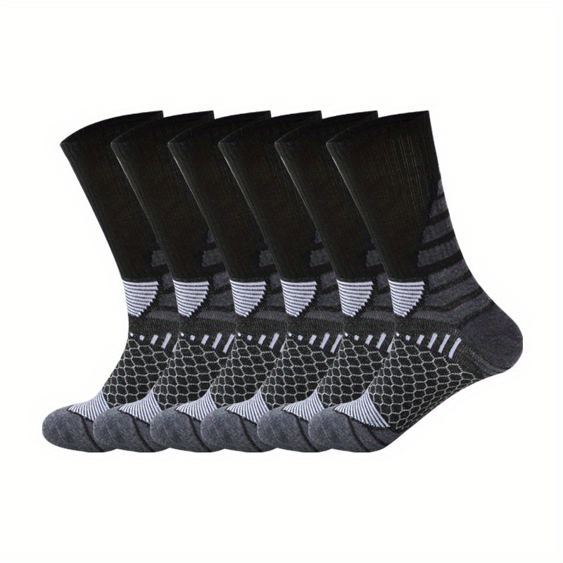 

6pcs Men's Long Crew Socks - Breathable, Moisture-wicking Polyester For Sports & Casual Wear, Solid Color