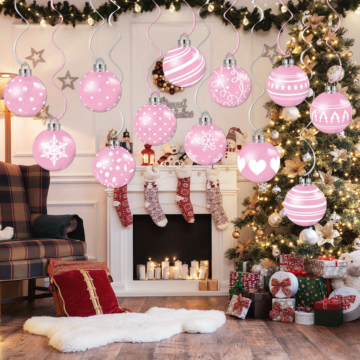 

Christmas Tree Ball Ornaments 12pcs - Pink Hanging Decoration Props For Holiday Party Scene, Non-feathered, Material, Easy Attachment