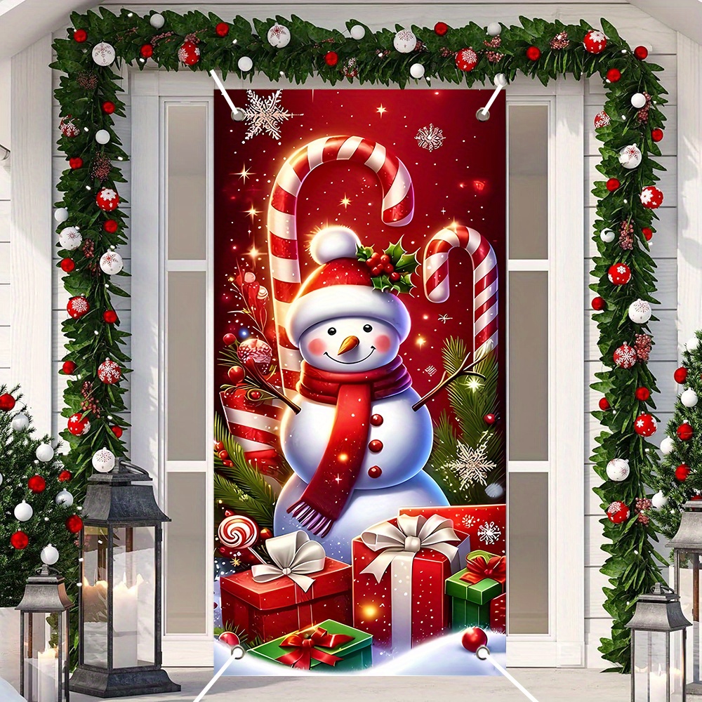 

Modern Polyester Christmas Door Banner With Snowman And Candy Cane Design – No Power Required, New Year And & Party Decor, 35.4" X 70.9" Suitable As A Gift (1pc)