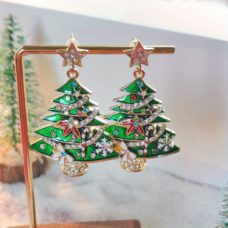 

1 Pair 14k Golden Plated Christmas Tree Dangle Earrings, Classic , With Synthetic Zirconia, Copper Ear Needle, For Women, Ideal For Gift- And