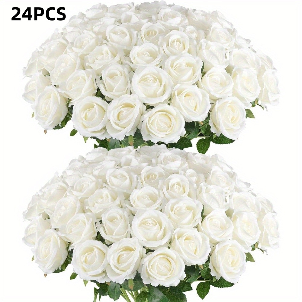 Image of 24pcs Roses, Simulated Silk Roses, Realistic White Roses, Suitable For Decoration, Floral Arrangement, Home Decor