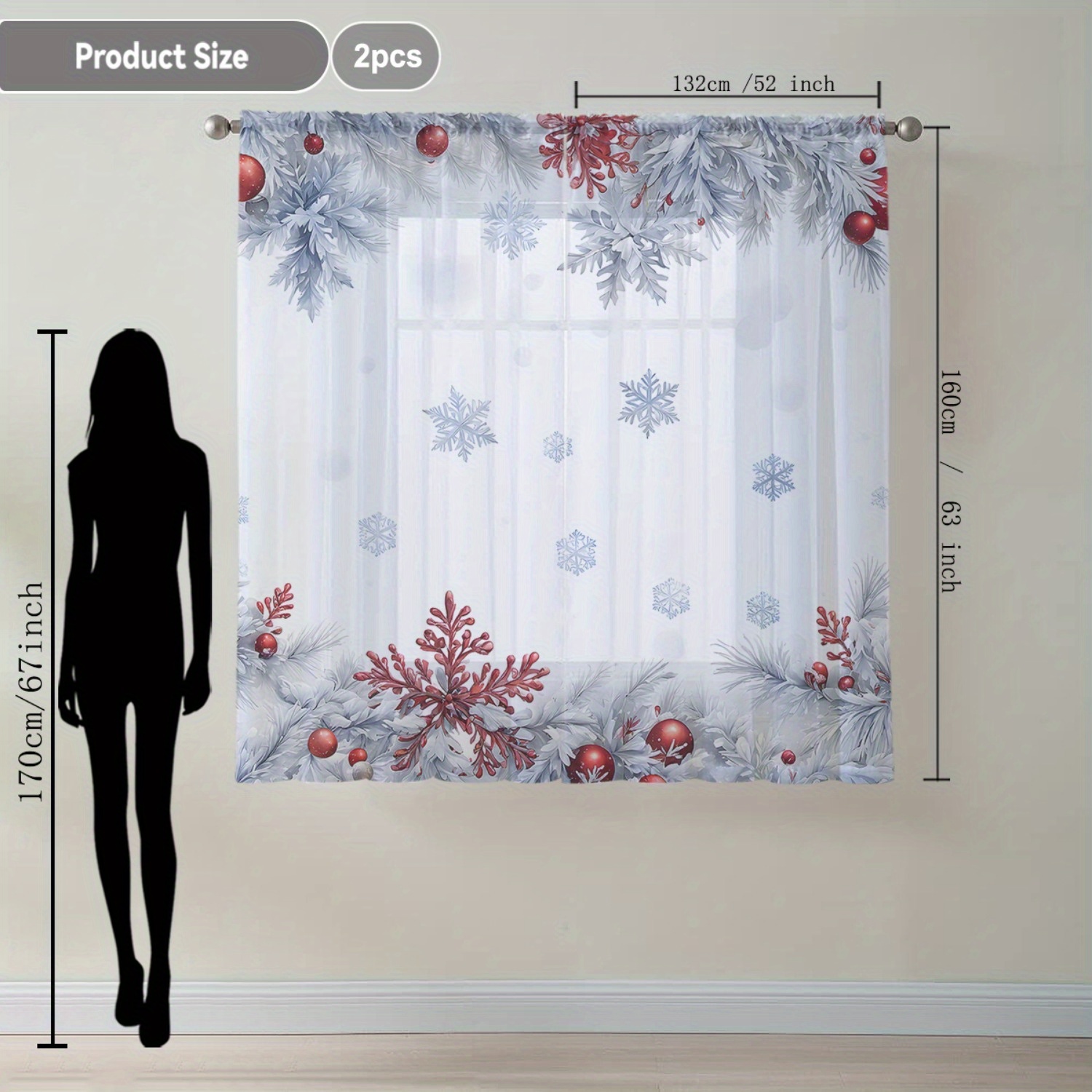 TEMU Open 2pcs Home Decor Sheer Curtains With Snowflakes And Leaves, Flowing Window Drapes Suitable For Kitchen, Café, Living Room, Dining Room,
