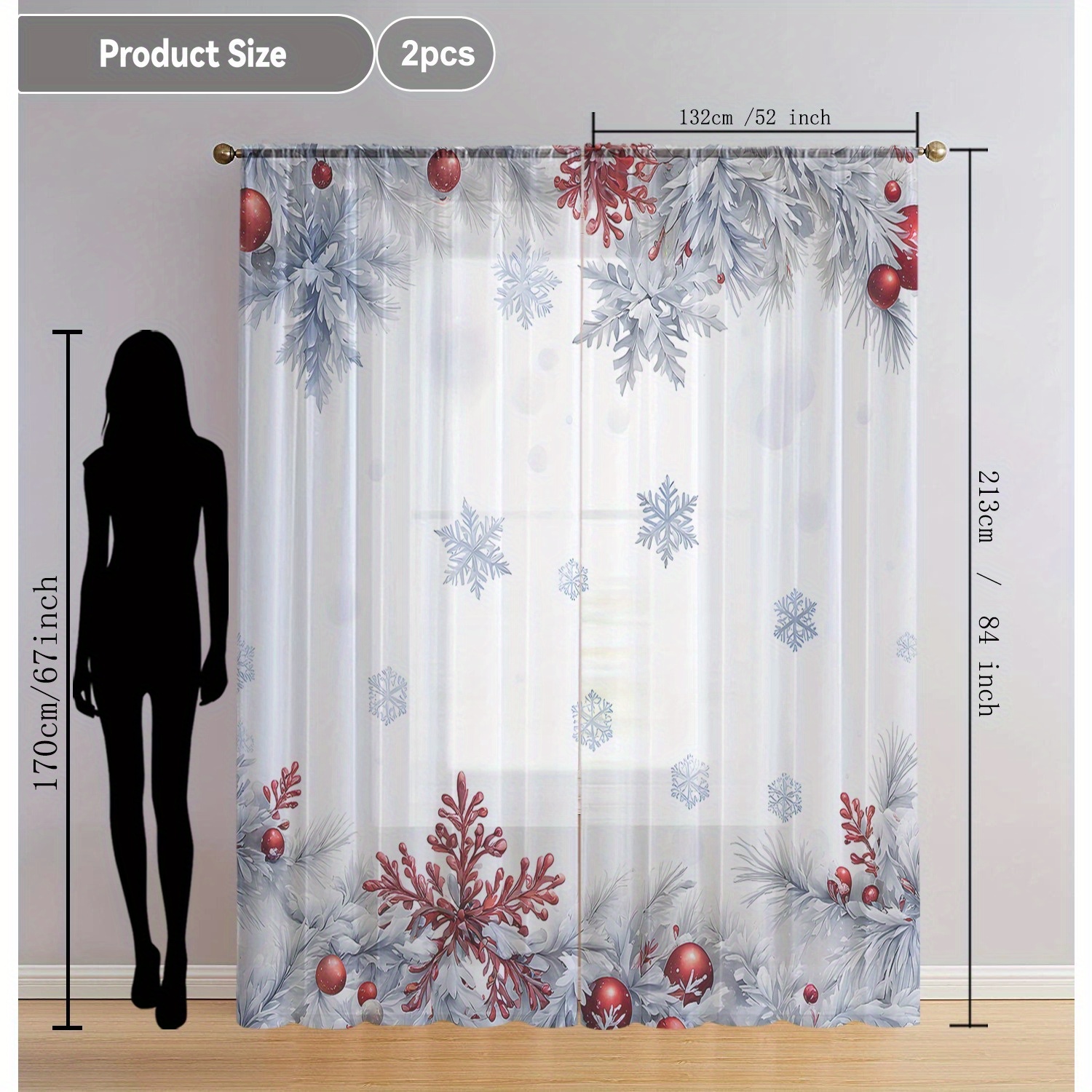 TEMU Rideaux Voilages Décor Maison 2pcs avec de Neige et Feuilles, Drapés Flottants pour Fenêtre, Idéal Cuisine, Café, Salon, Salle à Manger, Balcon,