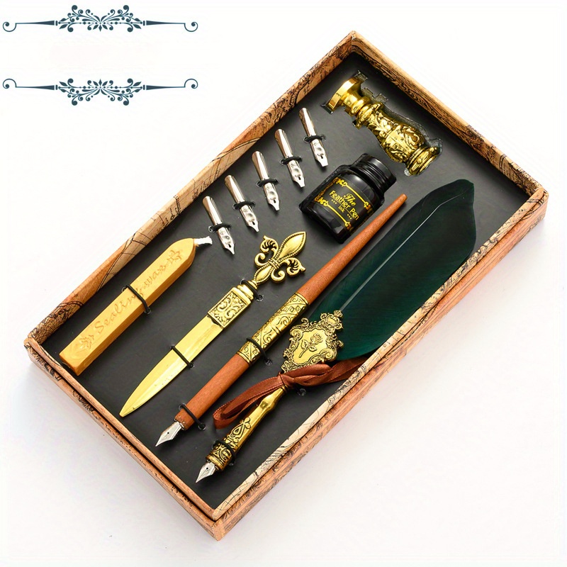 

Vintage European-inspired Dip Pen Set With Feather Nib - Metal, Ideal For Use & Students, English, Creative