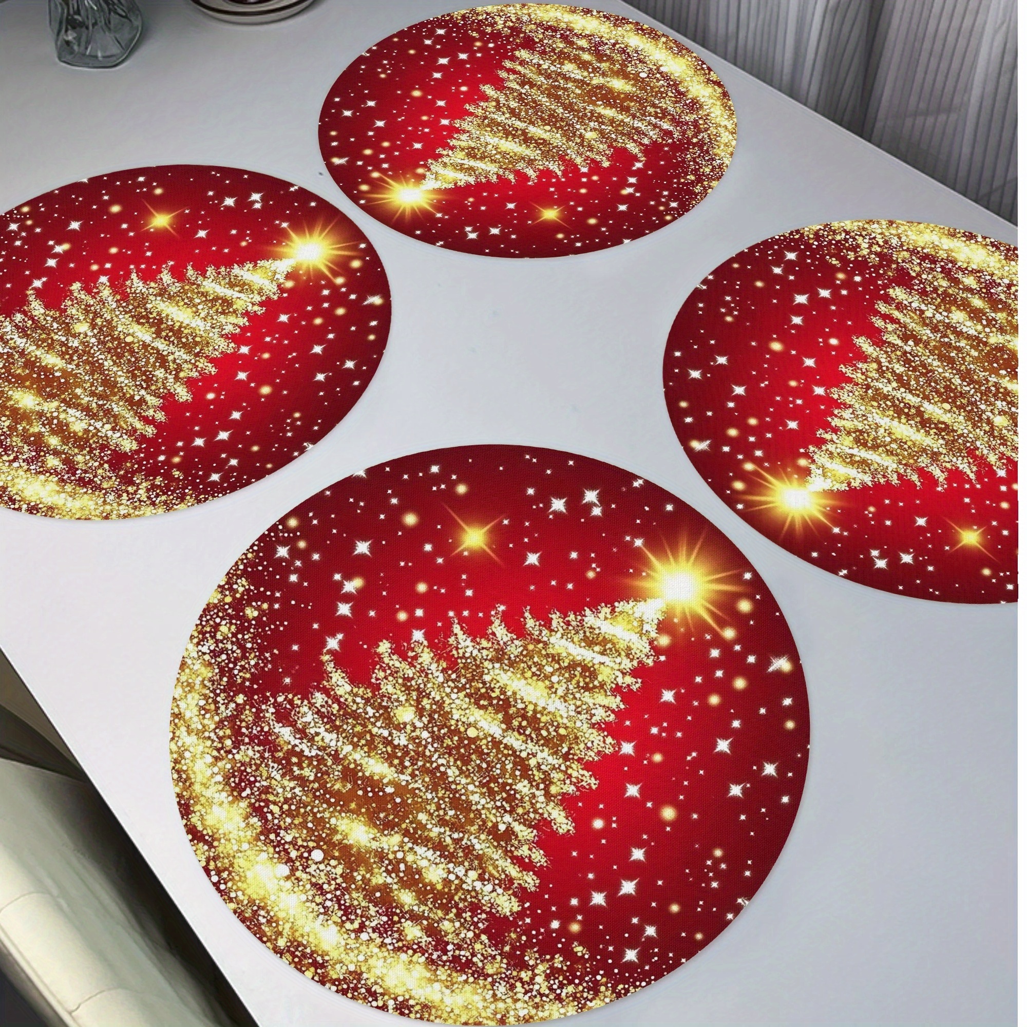 

4pcs Set Of Red & Golden Christmas Tree Round Placemats - 15" Polyester, Non-slip, Heat-resistant, Washable Table Mats For Holiday Dining & Kitchen Decor, Christmas Decor