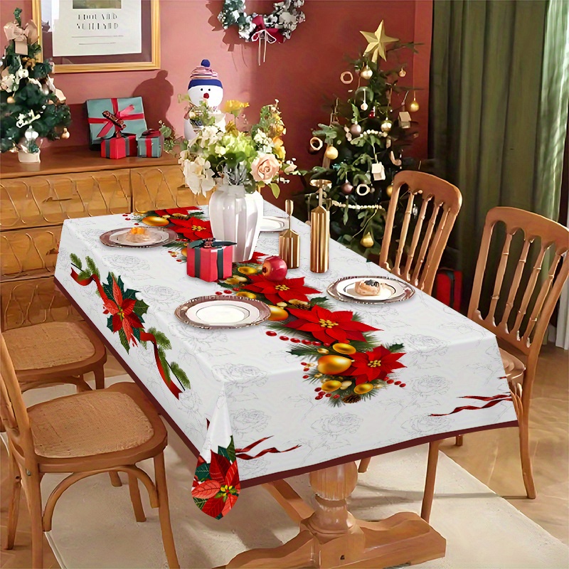 

1pc Polyester Poinsettia Print Tablecloth, Jit Christmas Greetings, Holiday Decor, Washable Reusable Table Runner, For Dining Room, Kitchen, Parties, Multiple Sizes, Rectangular, Machine Woven