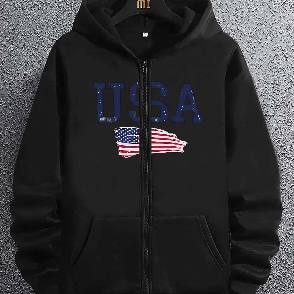 

Men's Casual Zip-up Hoodie With American Flag Print - Kangaroo Pocket, Long Sleeve, Loose Fit Pullover For Fall & Winter