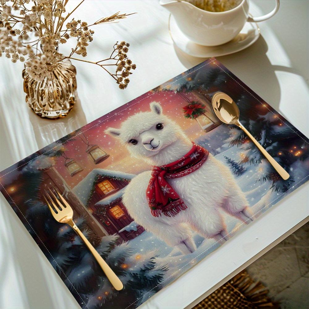 

4pcs Suige Home Christmas Alpaca Printed Placemats, Set Of 4 Table Mats, Washable, Machine Washable, Polyester, Rectangular For Kitchen Dining Table Decoration