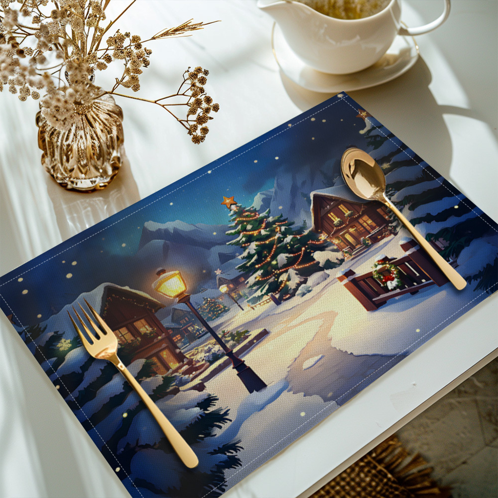 

4pcs Set Christmas House Placemats - Washable Polyester Table Mats For Holiday Dining Decor, Home