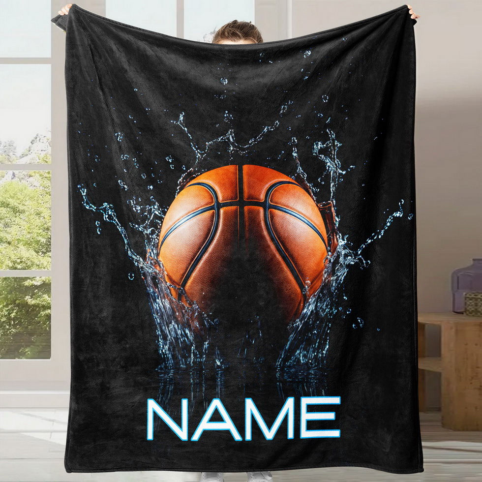 

Customizable Basketball Theme Throw Blanket, Contemporary Knit Fabric, Soft Polyester, Personalized Name Print, For Sleeping, Camping, Living Room, Sofa - 1 Piece