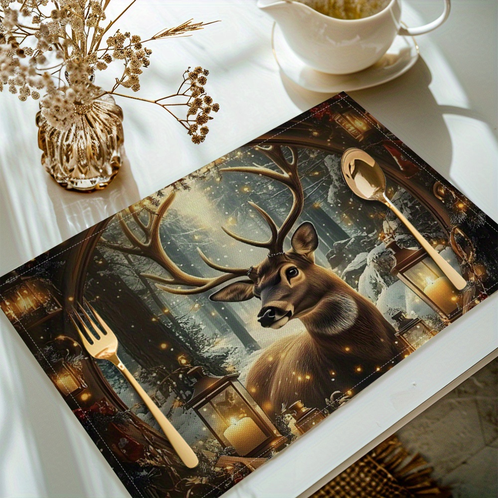 

[] 4pcs, Christmas Deer Printed Placemats, Set Of 4 Table Mats, Washable Placemats For Kitchen Dining Table Decoration