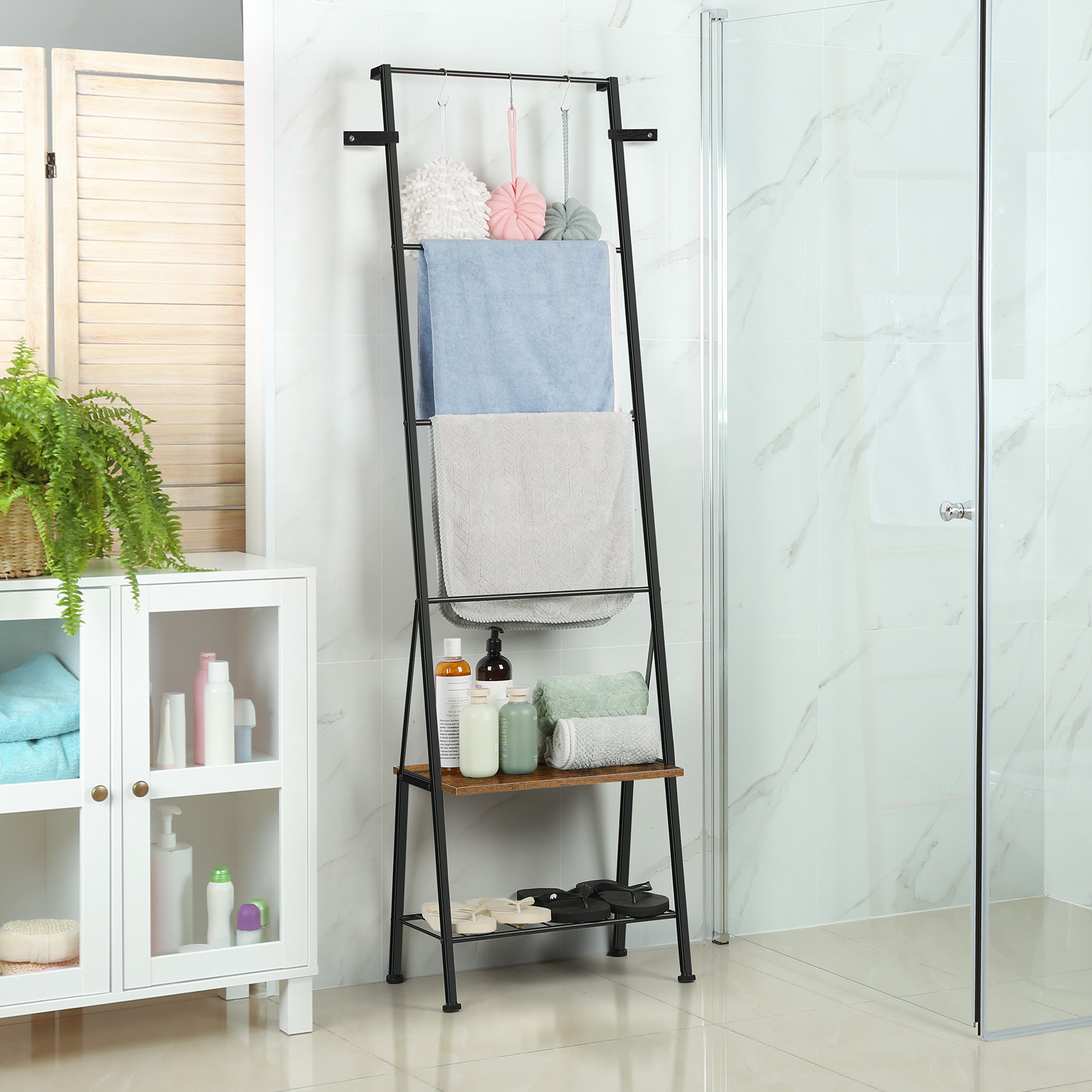 TEMU Blanket Ladder Farmhouse Blanket Holder Rack With Storage Shelf, Decorative Ladder Shelf With Hooks, Towel Holder Rack For Bathroom Living Room Home Decor, Rustic Brown