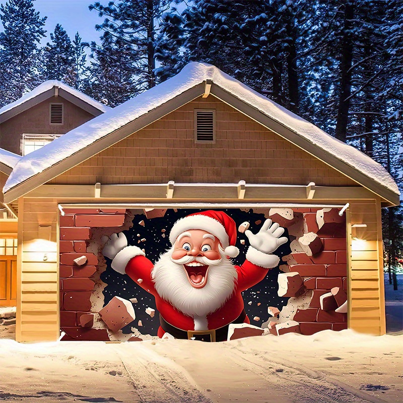 

Santa Breaks Through Brick Wall Garage Door Banner - Large Outdoor Christmas Decoration, Holiday Party Backdrop