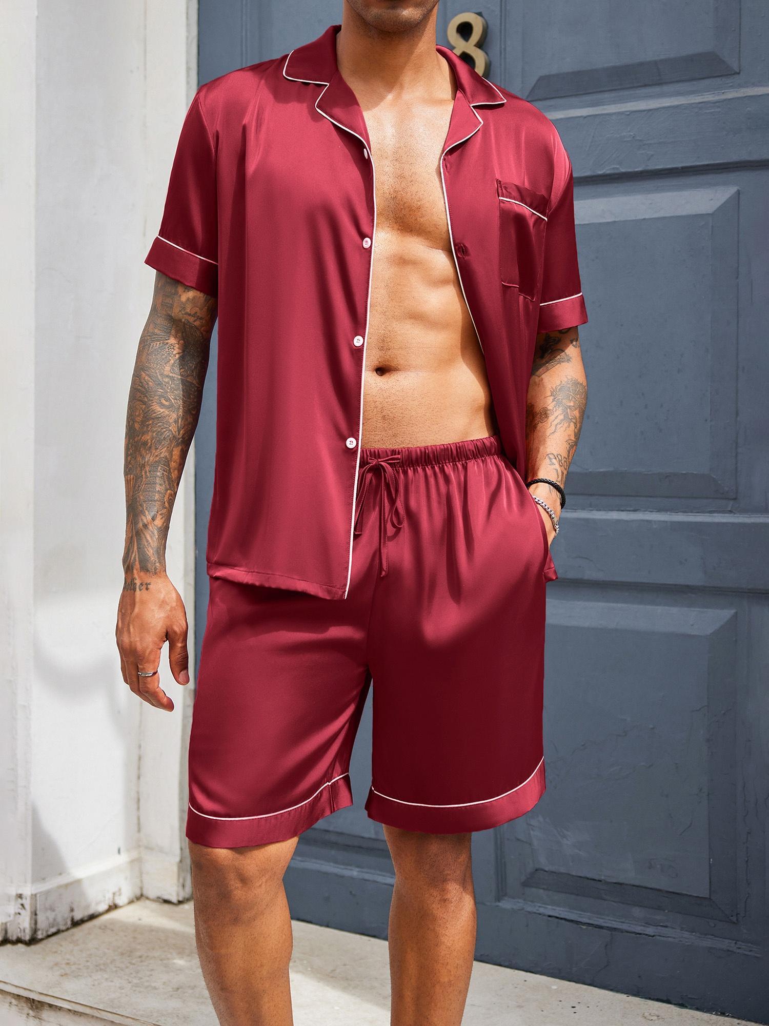 Pyjama Homme Satin Soie Manches Courtes 2 Pièces - Ensemble Été Léger Short + Chemise Boutonnée