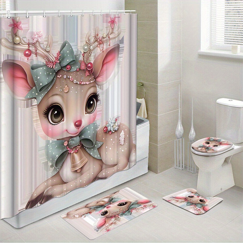

1pc/4pcs Christmas Waterproof Shower Curtain Set With 12 Hooks And Bath Mat Toilet Seat Bathroom Seat Anti-slip Carpet Rug Polyester Fabric Curtain Bathroom Accessories Home Decor (open)