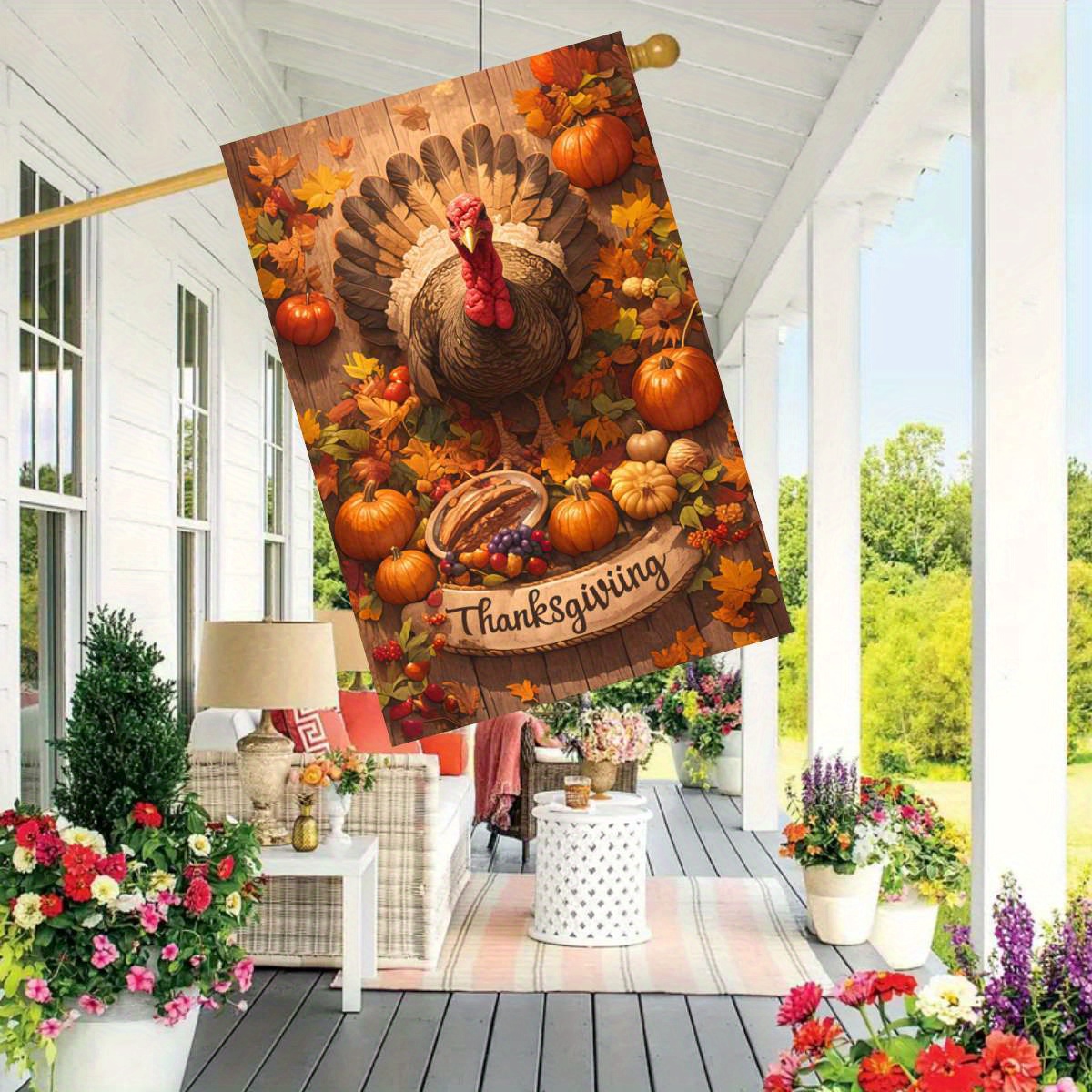 

1pc, Thanksgiving Turkey & Pumpkins Design, Polyester Garden Flag, 12x18 Inches & 28x40 Inches, Reversible, Outdoor Lawn Decor, Home & Garden Holiday Decoration, No Power Required