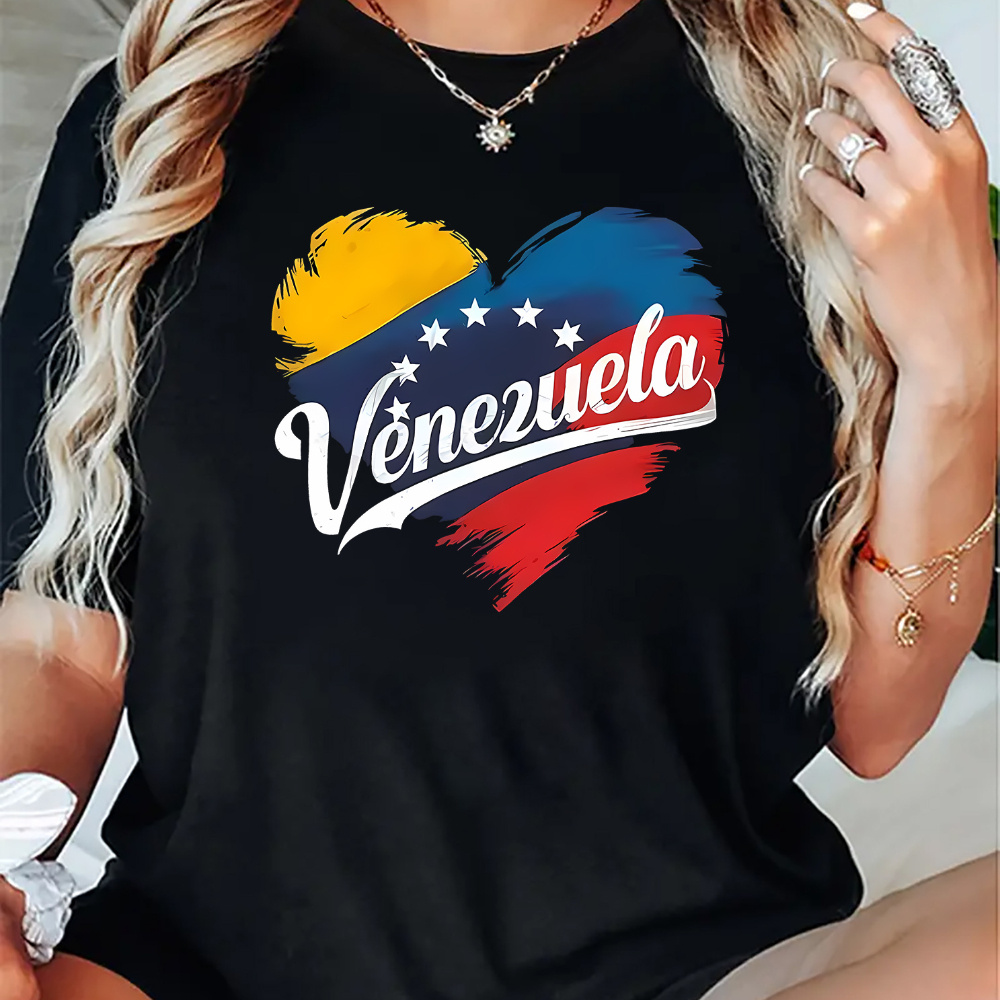 

Women's Casual Sports T-shirt, Round Neck Short Sleeve, Heart Pattern Print, Fit Top