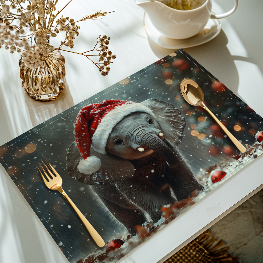 

[jit] 4pcs, Christmas Elephant Printed Placemats, Set Of 4 Table Mats, Washable Placemats For Kitchen Dining Table Decoration