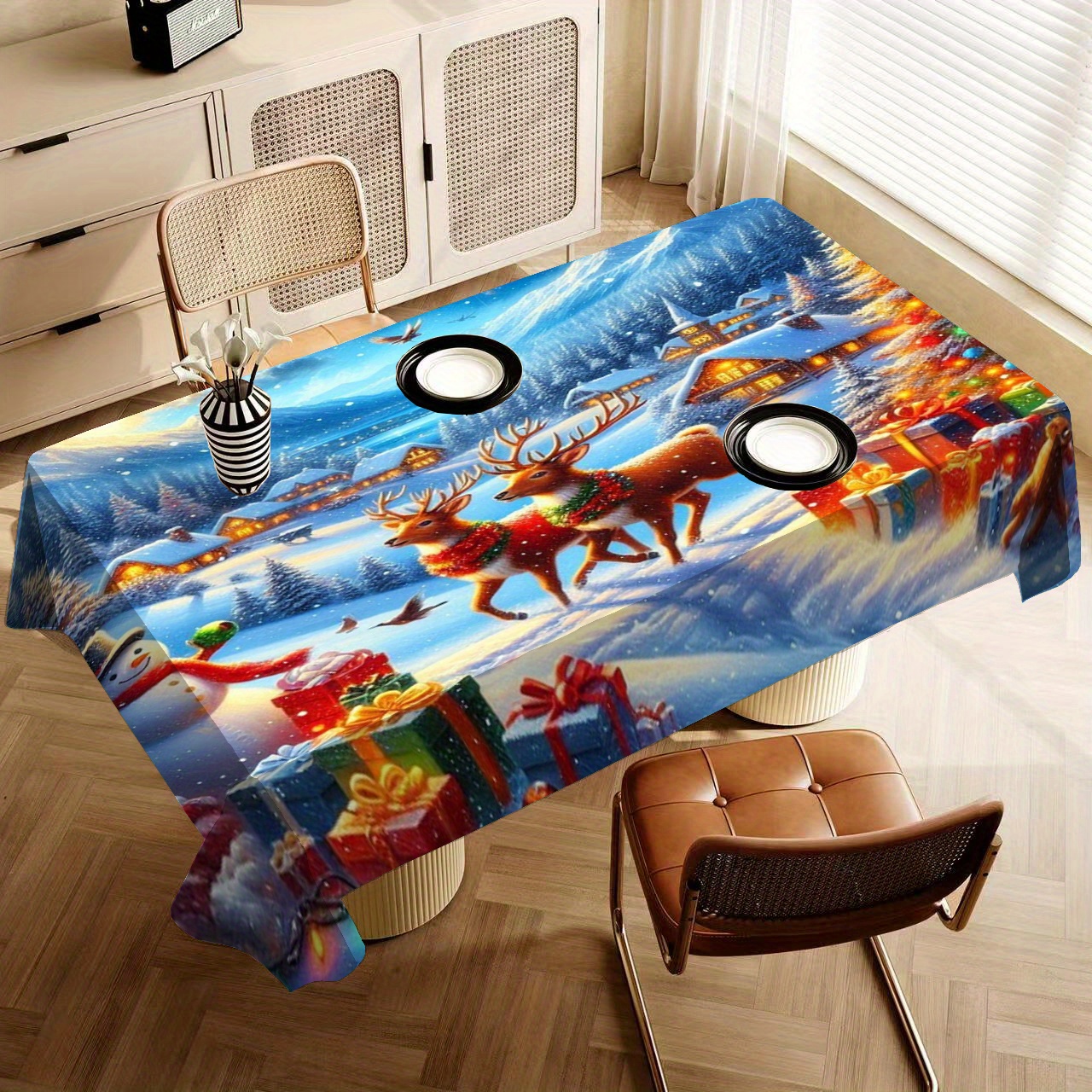 

Christmas Reindeer Print Tablecloth, 1pcs 100% Polyester Woven, Machine-made Cover, Washable Rectangular Decor For Dining, Party, And - Scene