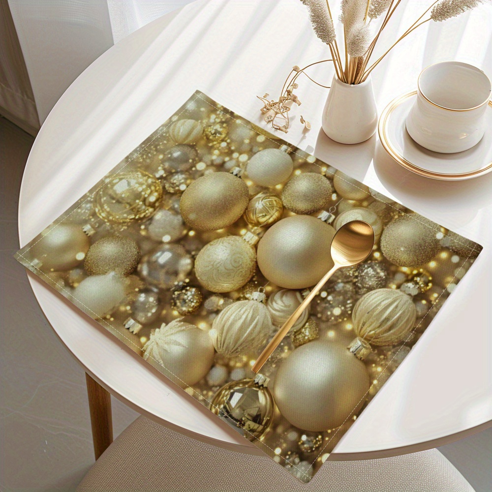 

4-pack Polyester Placemats With Golden Christmas Bauble Design - Woven, Stain Resistant & Dining Table Mats, Machine Washable Rectangle Tabletop Protectors For Holiday Decor