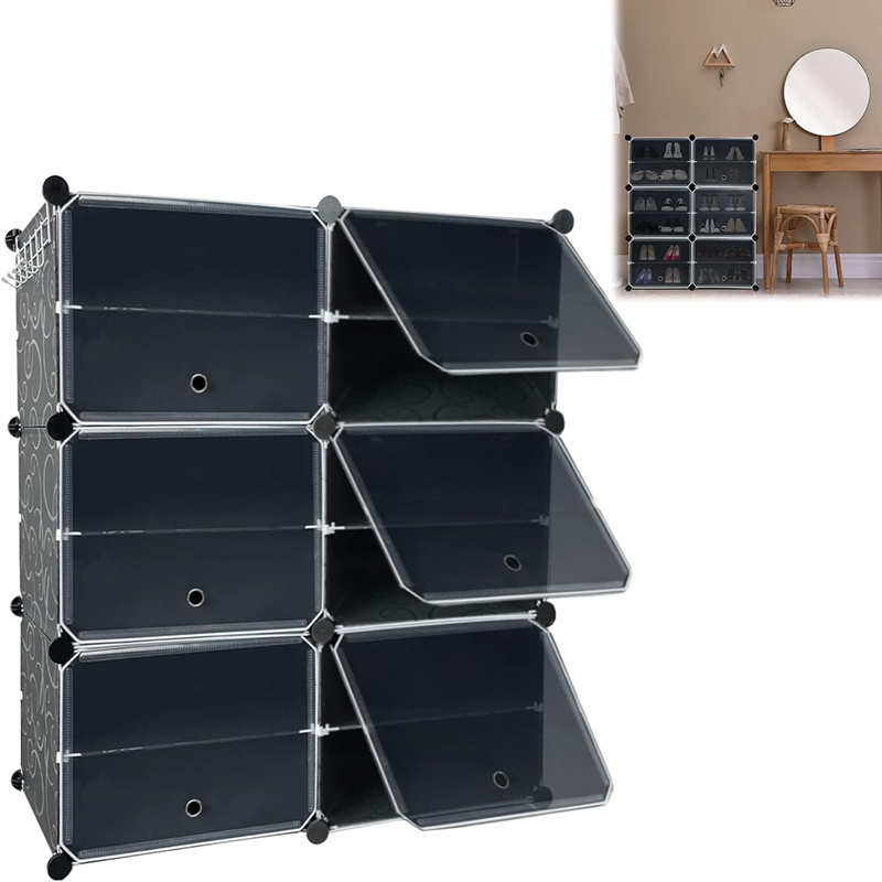 

Shoe Rack, Diy Shoe Cabinet Organiser, Shoe Rack With Door, Plastic, Multifunctional Shoe Rack, Shelf System, Black And Transparent (2 Columns X 6 )